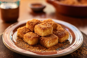 Postre español de leche frita, cuadrados de crema de leche empanizados y fritos, espolvoreados con canela y azúcar