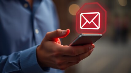 Person Holding Smartphone with Email Notification Symbol on Screen