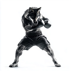 Fototapeta premium Wolf plays kick boxing isolated on white background Generative ai