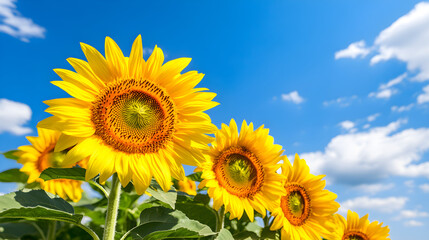 Obraz premium A Vibrant Field of Golden Sunflowers Reaching Towards a Bright Blue Sky on a Warm Summer Day, Exuding Happiness and Natural Beauty