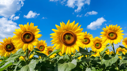 A Vibrant Field of Sunflowers Gracefully Reaching Towards a Bright Blue Sky Under Warm Sunlight, Evoking Joy and Natural Beauty
