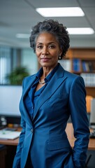Fototapeta premium black African middle aged woman in blue formal suit whole body portrait in office background