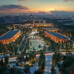 Modern Urban Park with Sustainable Architecture and Scenic View of City Skyline at Sunset