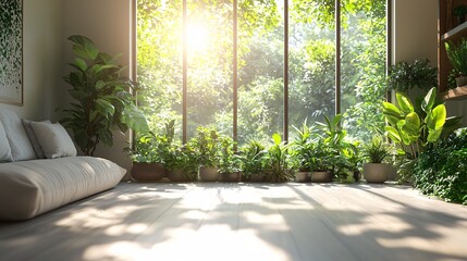 Fototapeta premium Serene Indoor Space Filled with Lush Green Plants and Bright Sunlight Streaming Through Large Windows