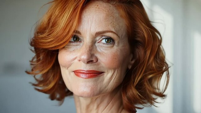 A 50 year old woman with copper-colored hair, smiling and looking at the camera, generative AI