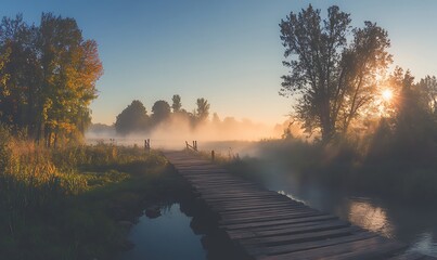 A misty river scene featuring a vintage wooden bridge, perfect for serene and atmospheric imagery.
