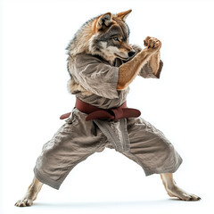 Fototapeta premium Wolf plays karate fighter isolated on white background Generative ai