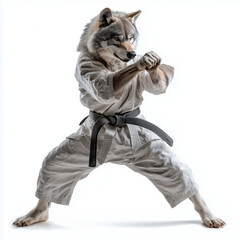 Fototapeta premium Wolf plays karate fighter isolated on white background Generative ai