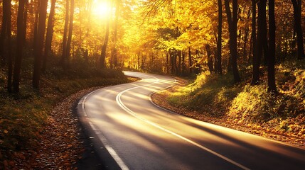 Obraz premium A scenic autumn forest road with golden leaves, capturing the beauty of nature in a tranquil setting.