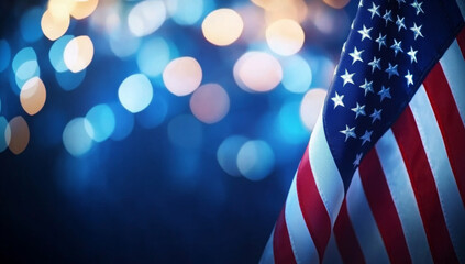 Labor day or Constitution Day USA banner with American flags and colorful on blue blur bokeh background. 
