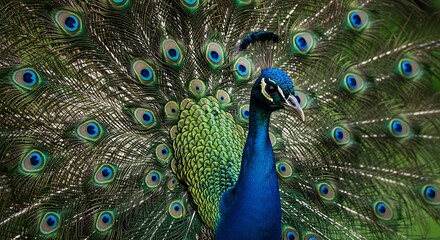 Fototapeta premium Peacock Displaying Feathers in Full Bloom Showing Eye Spots Pattern