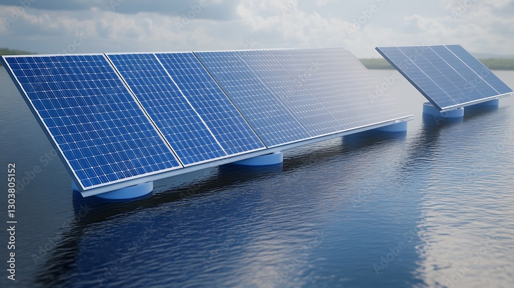 Poster A futuristic image of advanced floating solar panels for sustainable energy solutions.