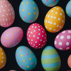 Obraz premium Easter Holiday, Easter Concept, Colorful Easter Eggs with Polka Dots and Stripes Pattern Festive Spring Holiday Decoration