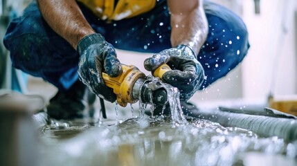 Plumber repairs leaking pipe, indoors, construction site, water damage