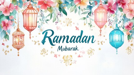 Obraz premium Ramadan Mubarak floral lanterns banner design
