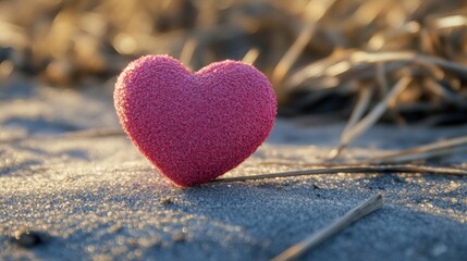 Fototapeta premium Pink heart beach sand sunrise romance Valentine's