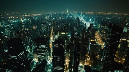 Fototapeta premium Night aerial view of illuminated cityscape, hazy skyline, skyscrapers, urban sprawl, for travel brochure