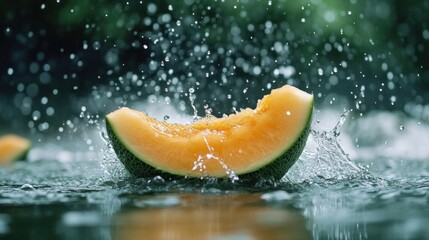 Fresh melon slice splashing in water, outdoors, rain background, food advertising