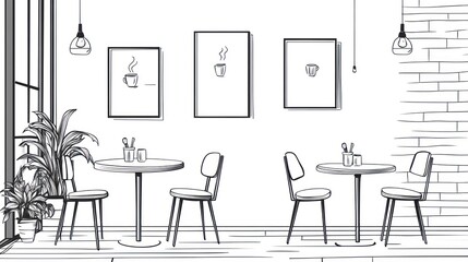 Cafe interior sketch, minimalist design, modern cafe, black and white line drawing