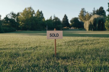 Sold land plot with sign in green field at sunset