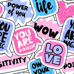 Seamless pattern of sticker with slogans. Bright colorful  Abstract print background for fabric, wrapping, textile, wallpaper, apparel. Vector illustration for teen girl. Funky style