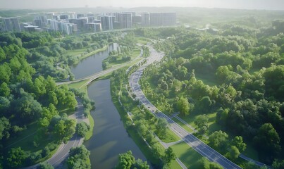 Fototapeta premium Aerial view of a futuristic smart city powered by 100% renewable energy sources.