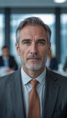 Naklejka premium Caucasian middle aged guy portrait in blur business meeting background