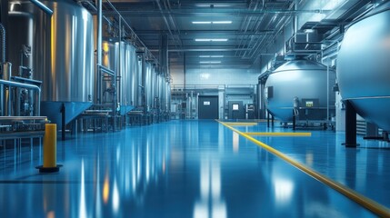 Brewery Interior Stainless Steel Tanks, Factory Floor, Industrial Lighting, Beverage Production