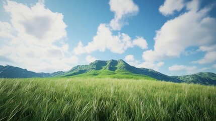 Obraz premium Sunny mountain meadow landscape, cloudscape background; idyllic nature scene, travel brochure