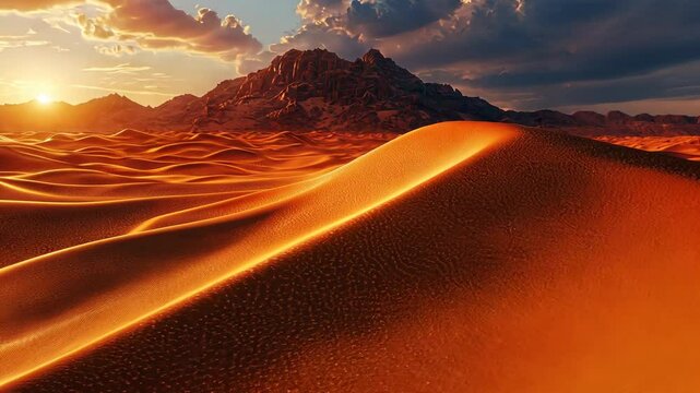 Dramatic desert sunset over dunes, mountain backdrop