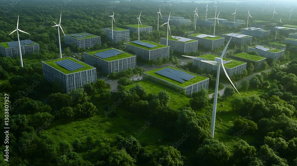 Aufkleber a futuristic aerial view of a city showcasing advanced renewable technologies and architecture.