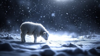 Obraz premium Lamb grazing snowy field, night snowfall, winter scene, Christmas card