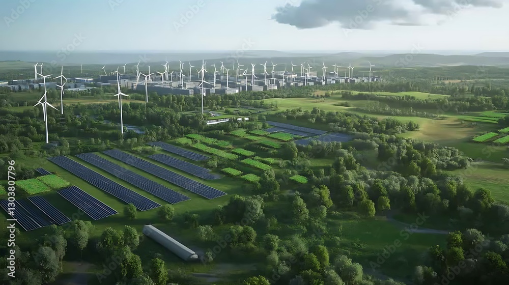 Aufkleber futuristic aerial view of a vibrant cityscape showcasing renewable energy features and innovative ar