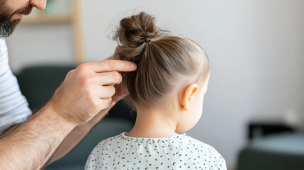 Fototapeta premium Loving father combing his daughter hair in stylish living room, showcasing tender moment of care and connection