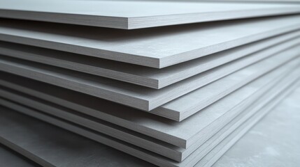 Fototapeta premium Stacked drywall sheets, warehouse, construction, interior, renovation, background blur
