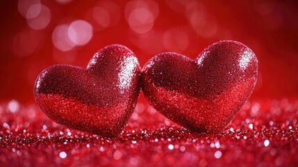 Obraz premium Two red glitter hearts, Valentine's Day, bokeh background, romantic greeting card