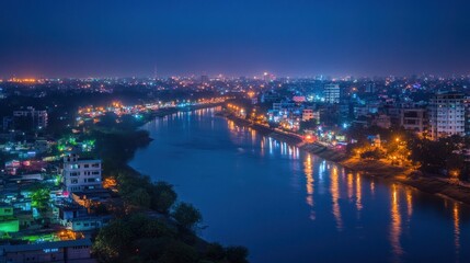 Fototapeta premium Night city river lightscape, aerial view, cityscape reflection, urban development, travel