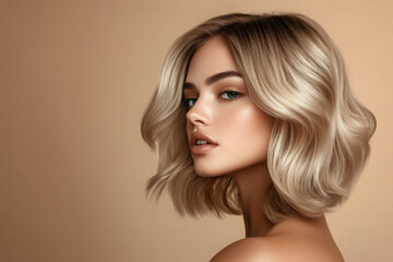 Fototapeta premium Beautiful blonde model girl with medium length curly hair . Smiling woman hairstyle wavy curls . Hair coloring balayage and shatush.Hair care and hair coloring. Fashion , beauty and makeup .