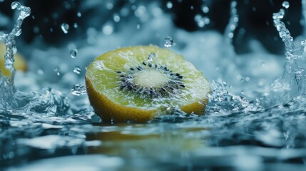 Kiwi splashing in water, dark background,  freshness, advertising