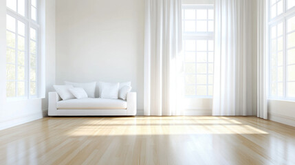 Fototapeta premium serene minimalist living room with neutral tones, featuring white sofa and large windows that allow natural light to fill space