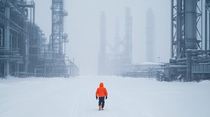 Fototapeta premium Lone worker walks snowy refinery, blizzard background, industrial safety