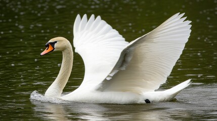 Naklejka premium Majestic swan landing on calm lake, wings spread, nature background, wildlife photography
