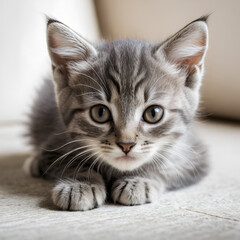 A small ash-colored kitten laid down his ears guiltily