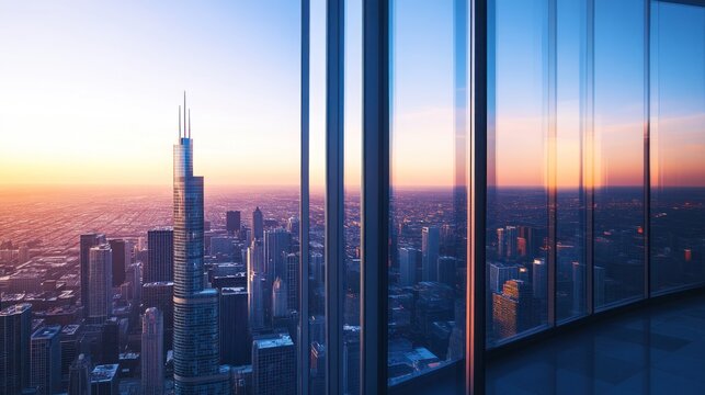 Sunset cityscape view from skyscraper office