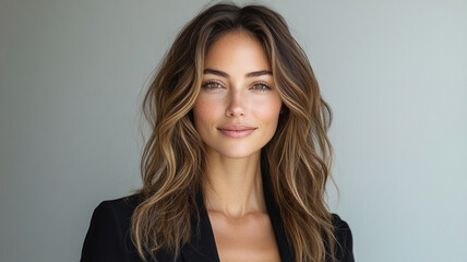 Naklejka premium Portrait of a Confident Professional Woman with Long Wavy Brown Hair Wearing a Black Blazer Against a Neutral Studio Background