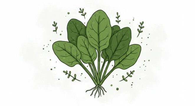 Freshly harvested spinage leaves arranged artistically with delicate herbs in a soft background