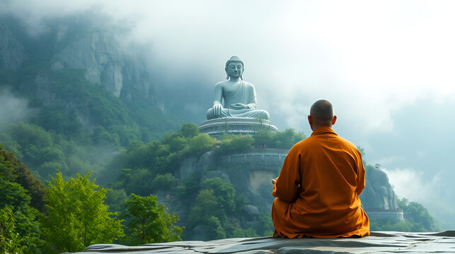 A monk meditates in front of the Buddha statue, with misty mountains and green forests behind him. The huge Buddha sits on top of a rock wall. .