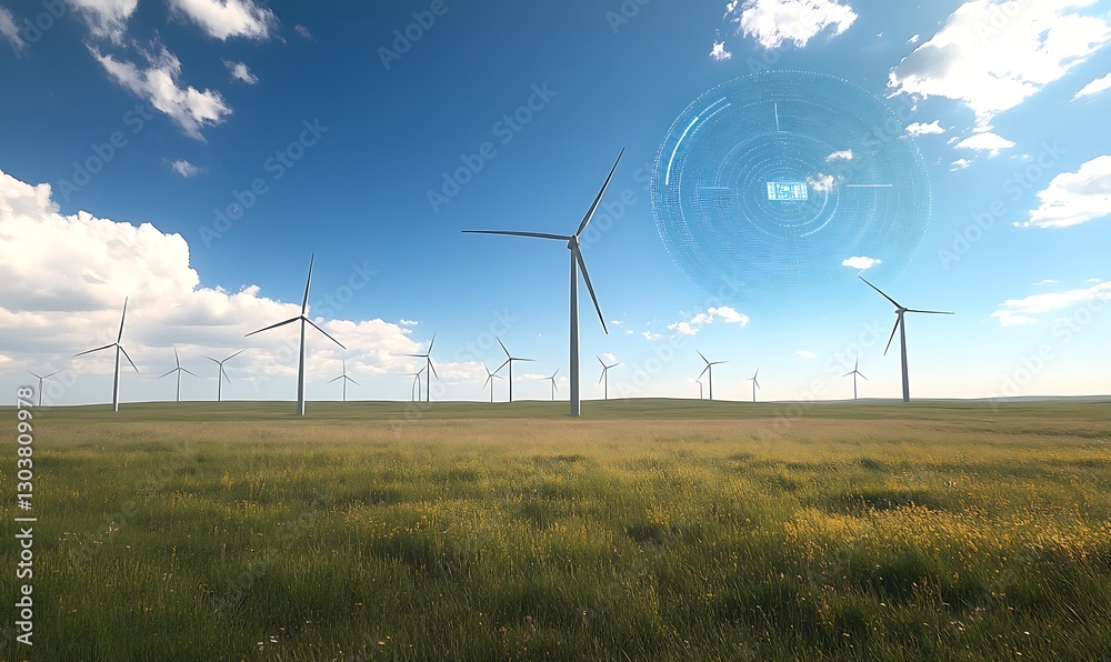 Poster ai-controlled futuristic wind farm showcasing advanced technology and renewable energy solutions.