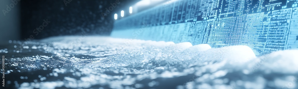 Poster AI-controlled hydroelectric power station with glowing features captured in a detailed image.