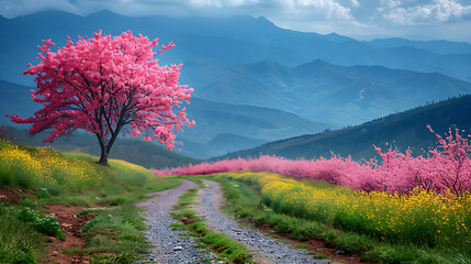 Serene spring landscape featuring a vibrant pink cherry blossom tree along a winding dirt path